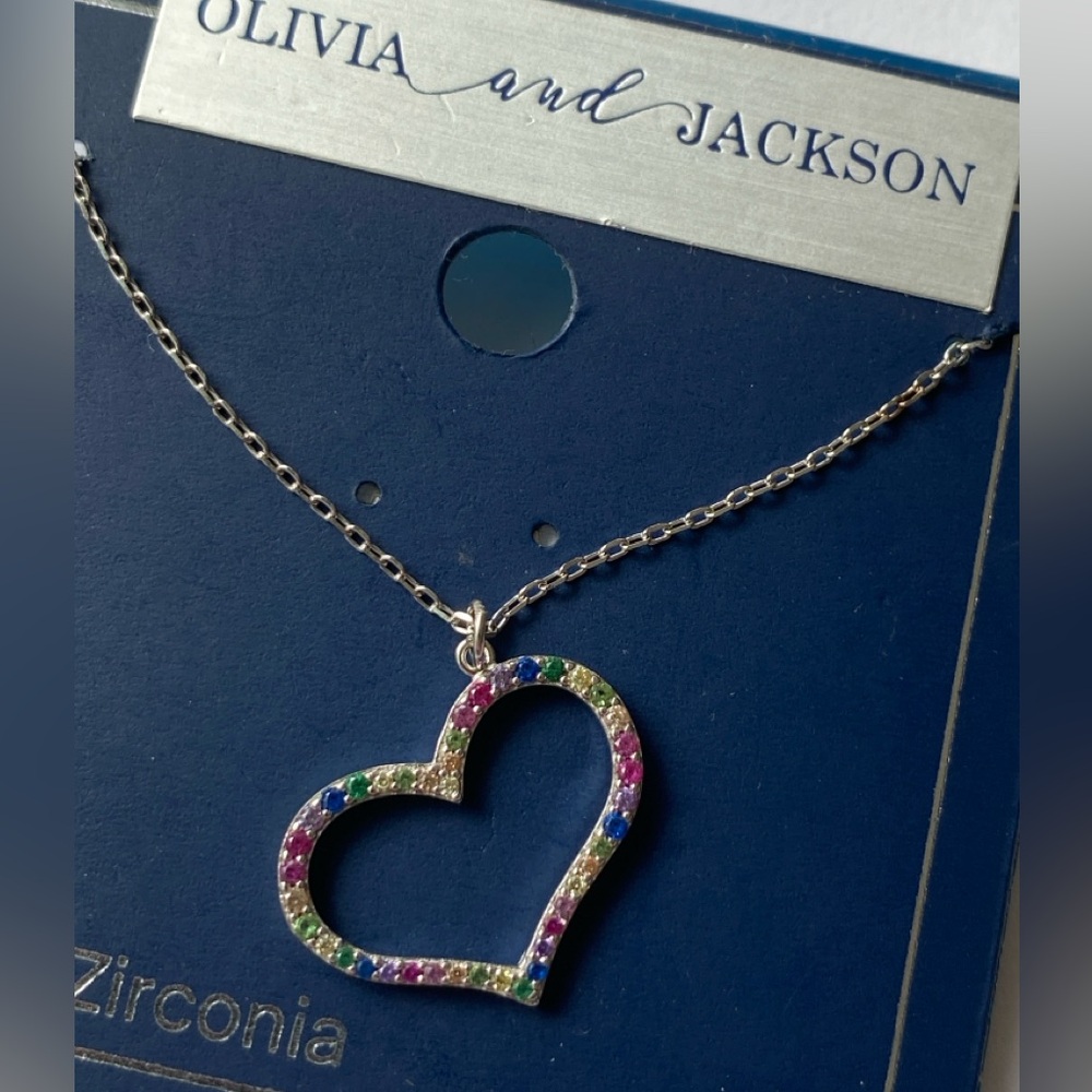 Olivia and Jackson Rainbow Floating Heart Necklace – Cubic Zirconia, Silver NWT